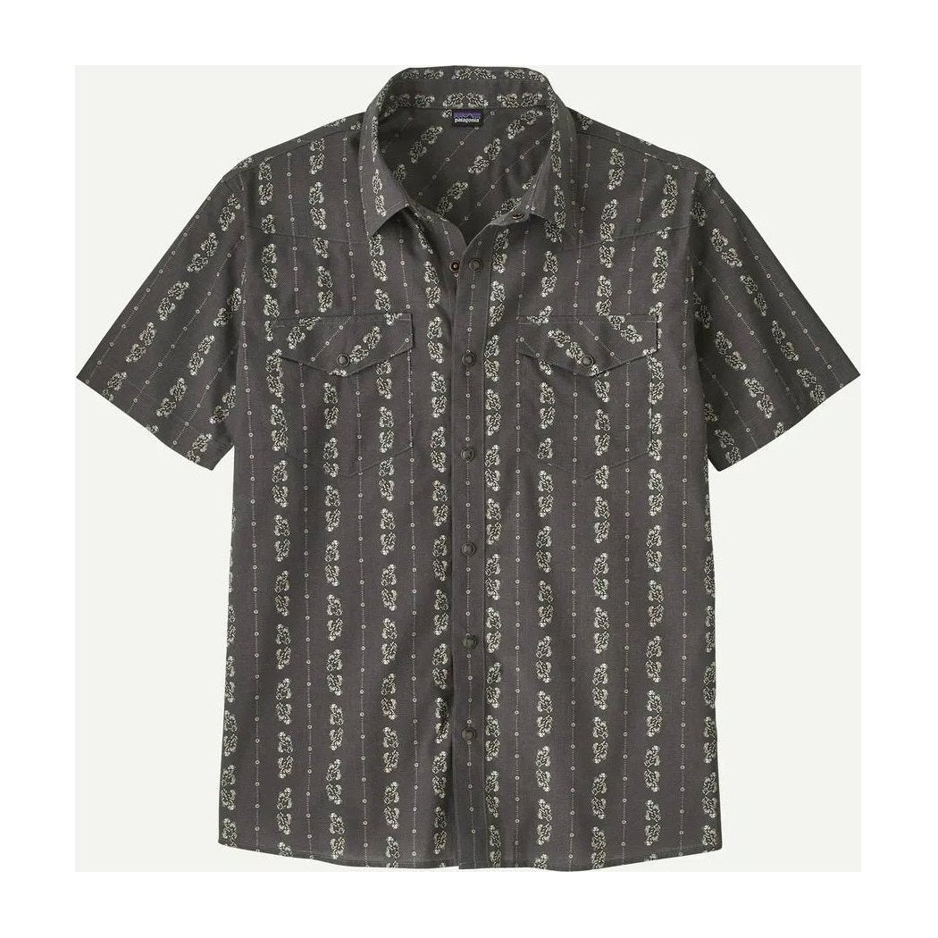A front view of the Patagonia Men's Go To Western Shirt in Lowlands: Forge Grey with chest pockets and a button-down collar against a plain white background.