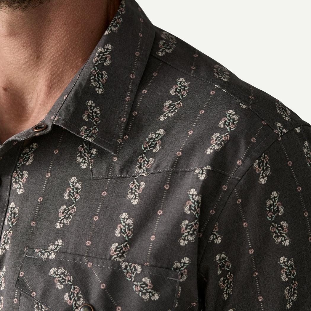 A close-up of the Patagonia Men's Go To Western Shirt in Lowlands: Forge Grey, showing the collar and chest pocket against a plain white background.