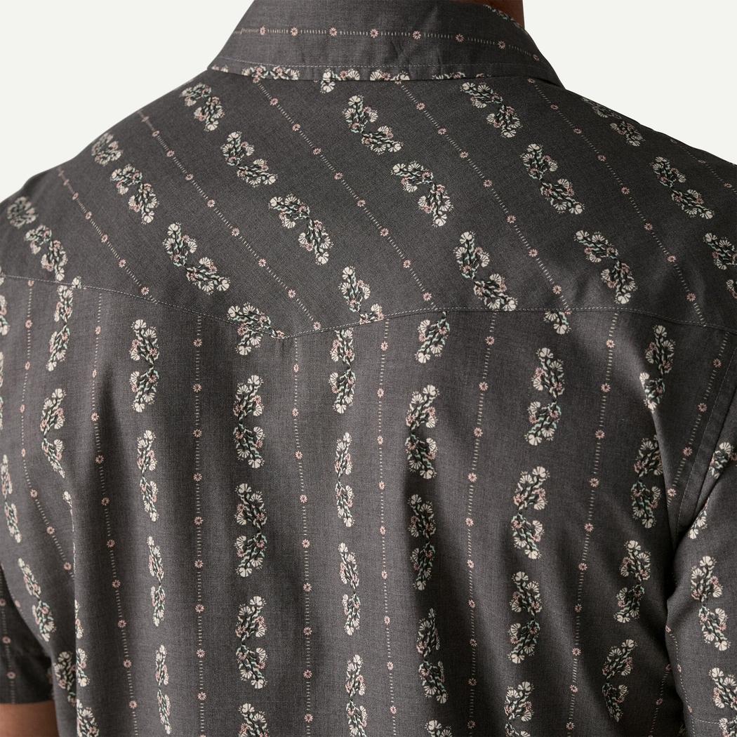 Back view of the Patagonia Men's Go To Western Shirt in Lowlands: Forge Grey showing the pattern and collar against a plain background.