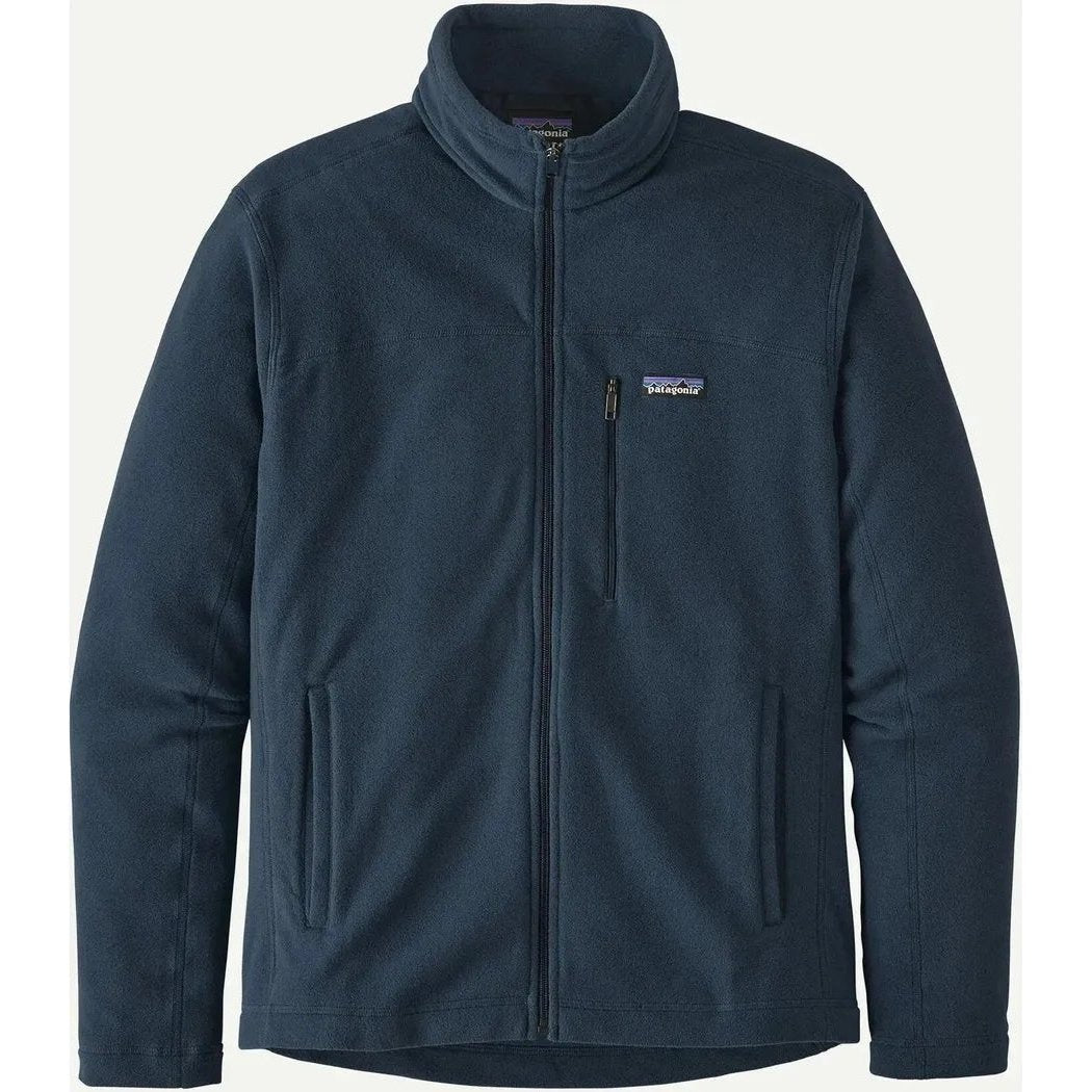 A front view of the Patagonia Men's Micro D Jacket in New Navy showing the chest pocket and zipper against a plain background.