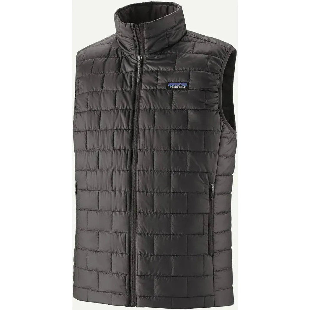 A front view of the Patagonia Men's Nano Puff Vest in Black with a high collar and a front zipper.