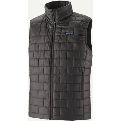 A front view of the Patagonia Men's Nano Puff Vest in Black with a high collar and a front zipper.