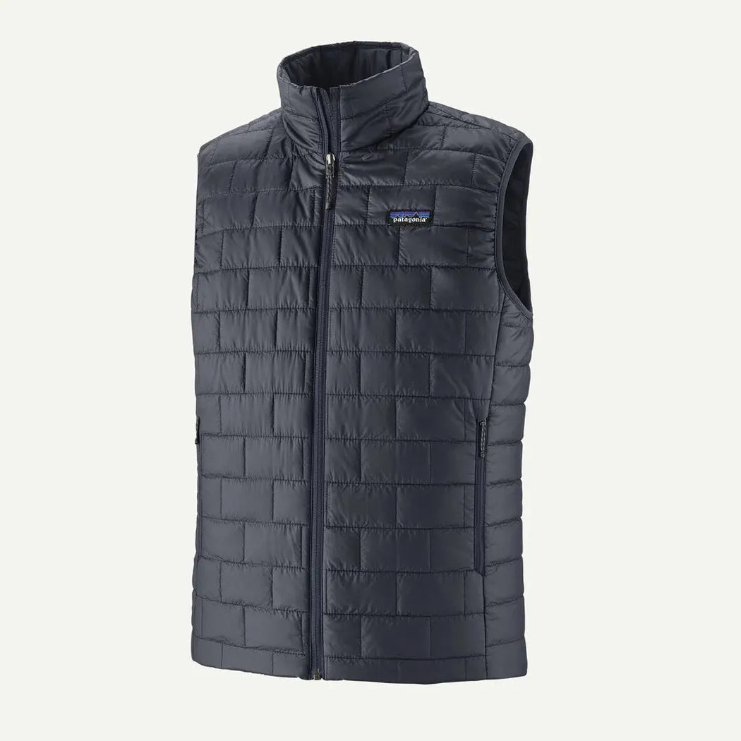 A front view of the Patagonia Men's Nano Puff Vest in Black with a high collar and a front zipper.