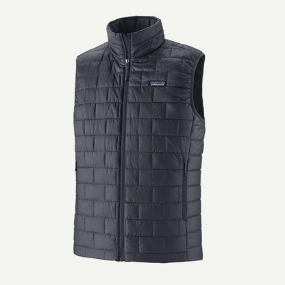 A front view of the Patagonia Men's Nano Puff Vest in Black with a high collar and a front zipper.