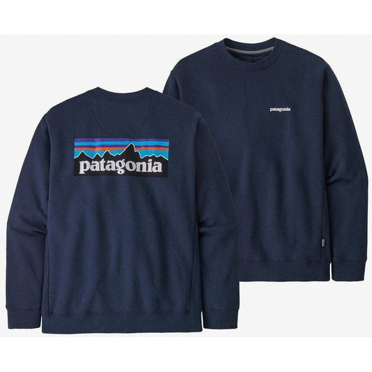 Back and front view of the Patagonia Men's P-6 Logo Uprisal Crew Sweatshirt in New Navy showing the logo on the back and small logo on the chest.