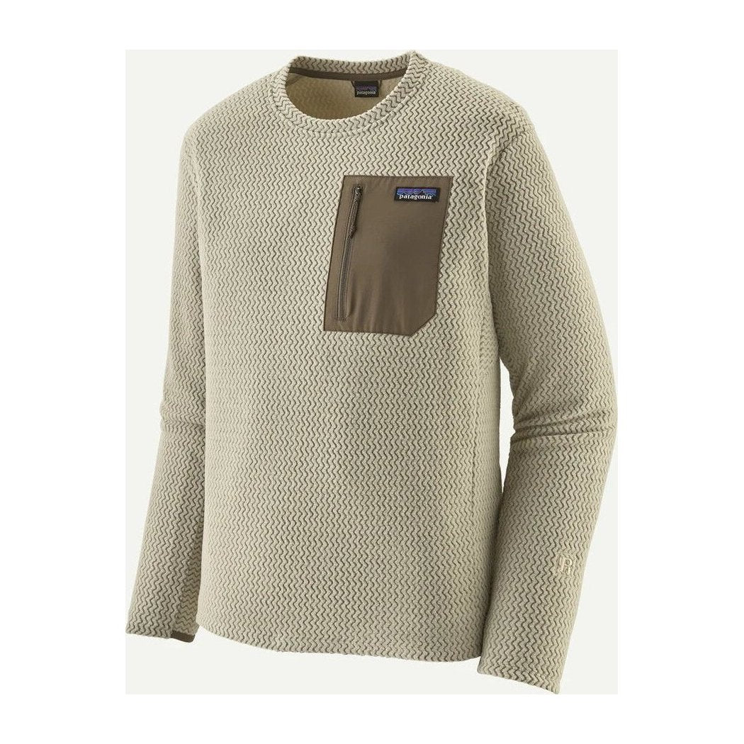 A front view of the Patagonia Mens R1 Air Crew in Pelican showing the chest pocket and textured fabric against a plain background.