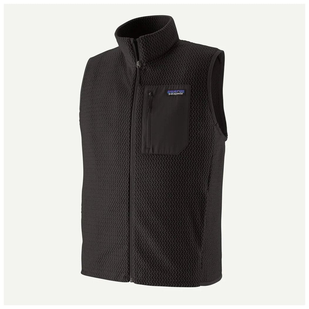 A front view of the Patagonia Mens R1 Air Vest in Black with a zippered chest pocket and a high collar against a plain white background.