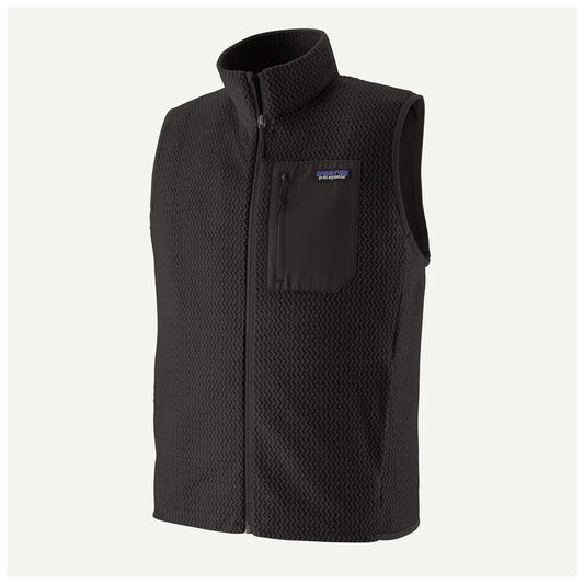 A front view of the Patagonia Mens R1 Air Vest in Black with a zippered chest pocket and a high collar against a plain white background.