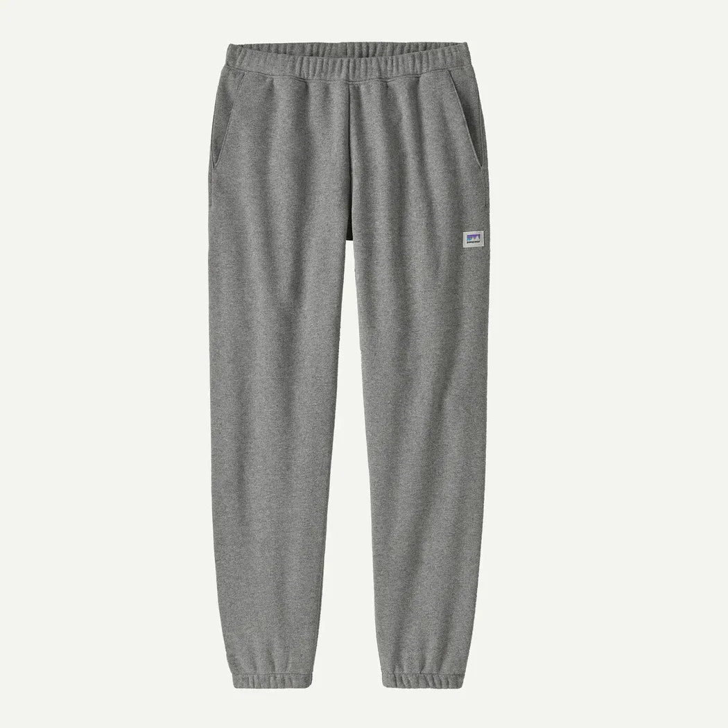 Side view of the Patagonia Men's Shop Sticker Uprisal Sweatpants in Gravel Heather showing the elastic waistband and cuffs against a white background.
