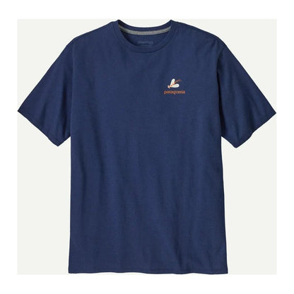 A front view of the Patagonia Men's Take a Stand Responsibili-Tee in Clement Blue with the logo on the chest against a white background.