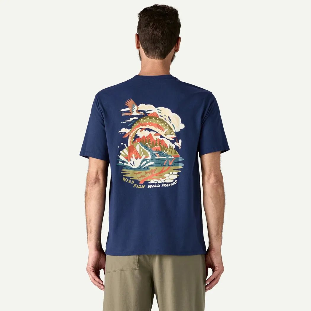 Back view of the Patagonia Men's Take a Stand Responsibili-Tee in Clement Blue showing the colorful graphic on the back against a plain white background.