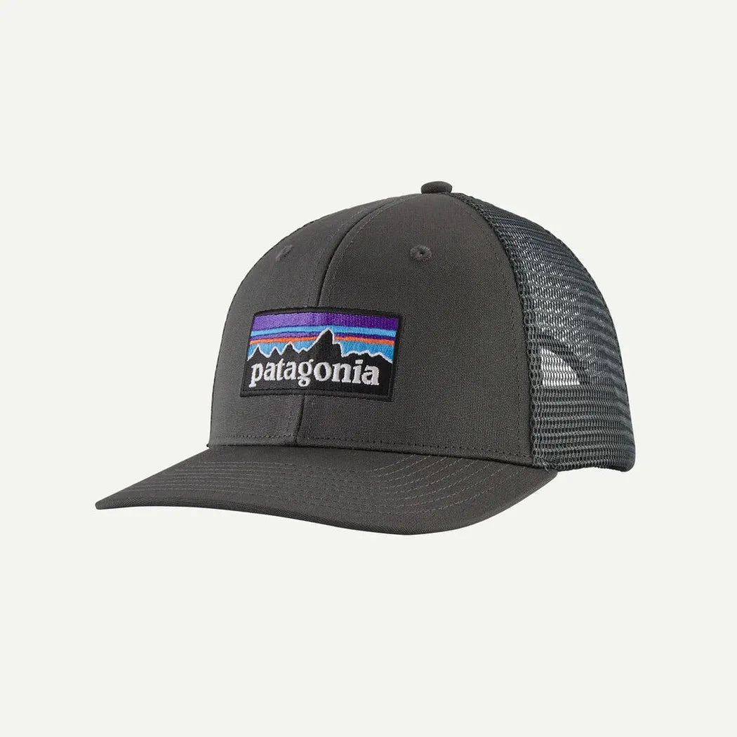 A front view of the Patagonia P-6 Logo Trucker Hat in FGE color with mesh back and logo patch against a white background.