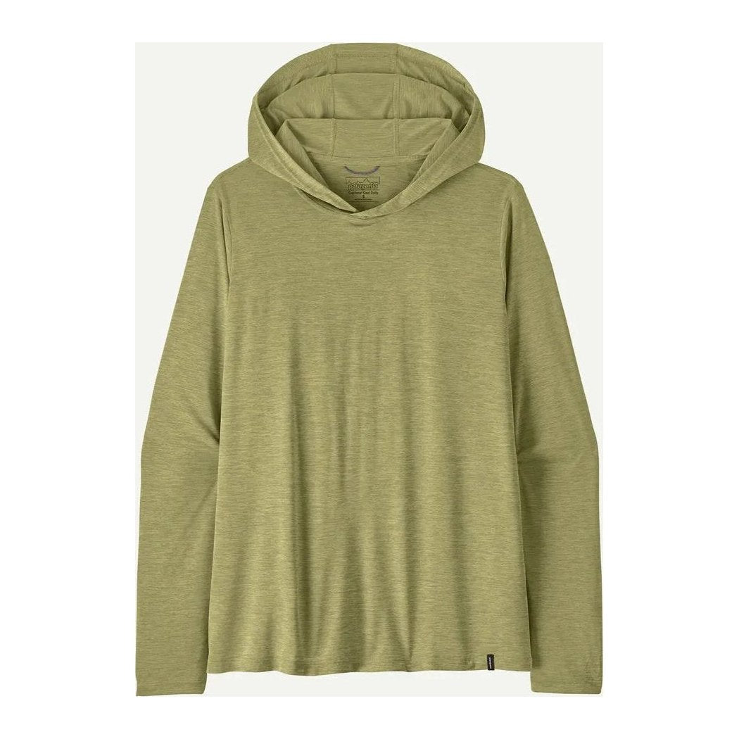 A front view of the Patagonia Women's Cap Cool Daily Hoody in Dino White with a hood, against a plain white background.