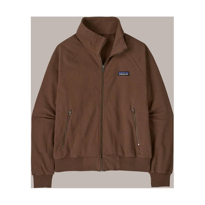 A front view of the Patagonia Women's Daily Jacket in Berm Brown with zippered pockets and a blue logo patch against a neutral background.
