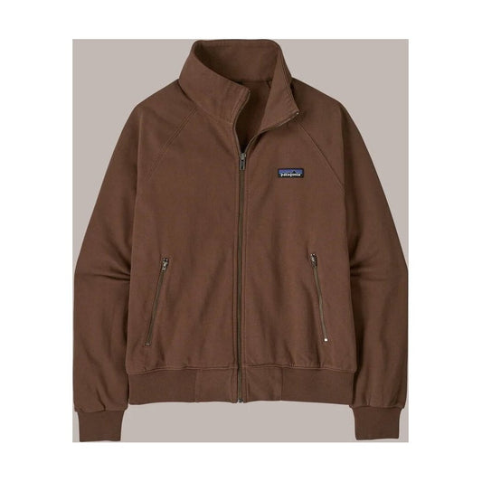 A front view of the Patagonia Women's Daily Jacket in Berm Brown with zippered pockets and a blue logo patch against a neutral background.