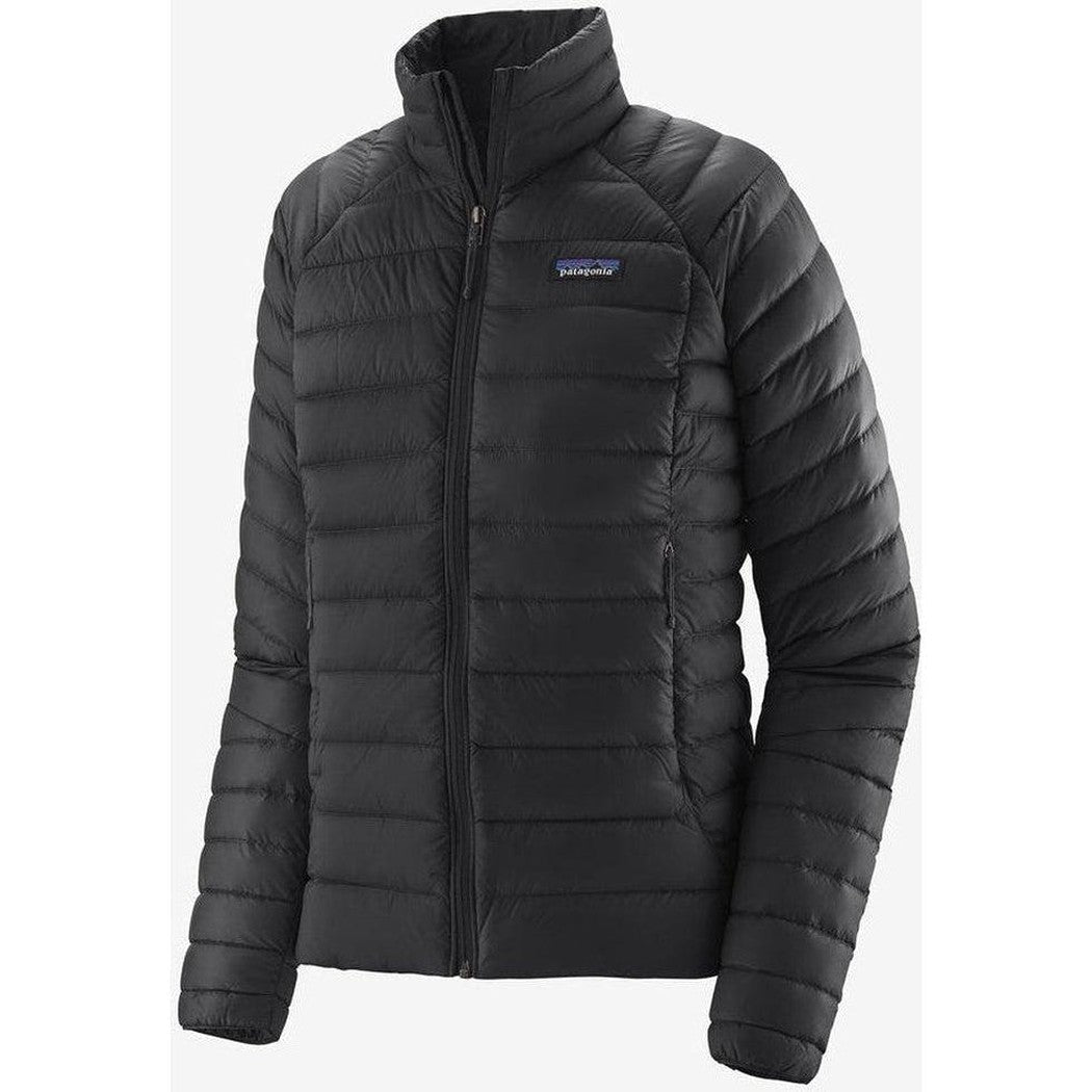 A front view of the Patagonia Women's Down Sweater in Black with a high collar and visible logo on the chest.