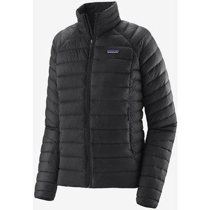 A front view of the Patagonia Women's Down Sweater in Black with a high collar and visible logo on the chest.