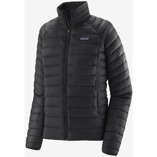 A front view of the Patagonia Women's Down Sweater in Black with a high collar and visible logo on the chest.