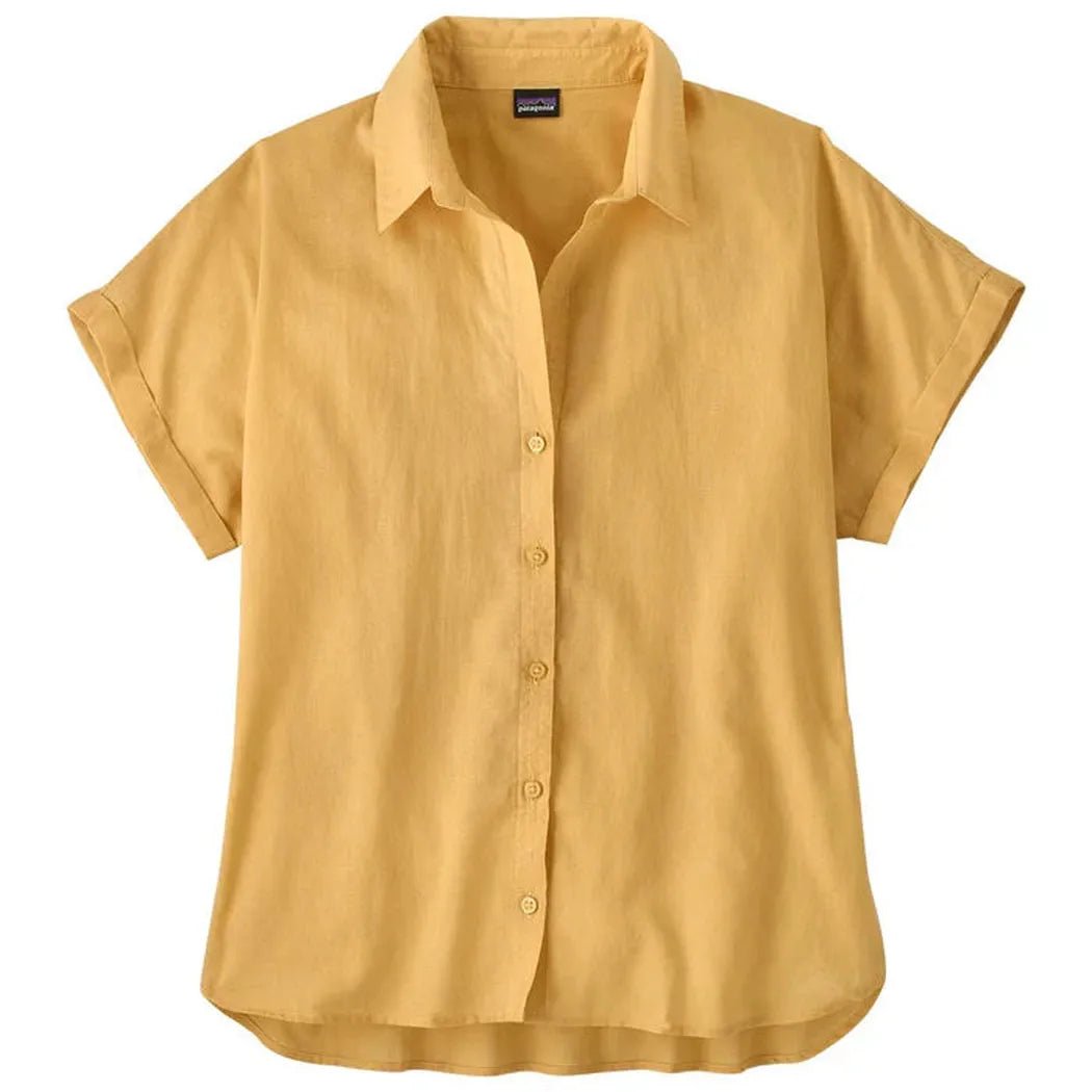 A front view of the Patagonia Women's Lightweight A/C Shirt in Beeswax Tan with rolled short sleeves and a button front against a white background.