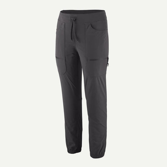 Side view of the Patagonia Women's Quandary Joggers in Forge Grey showing cargo pockets and a drawstring waist against a white background.
