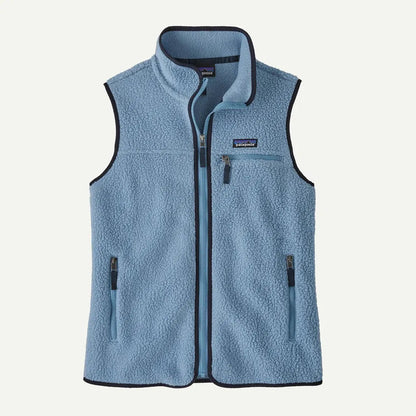 A front view of the Patagonia Women's Retro Pile Vest in Barnacle Blue showing the zippered chest pocket and side pockets against a white background.