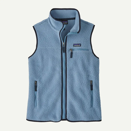 A front view of the Patagonia Women's Retro Pile Vest in Barnacle Blue showing the zippered chest pocket and side pockets against a white background.
