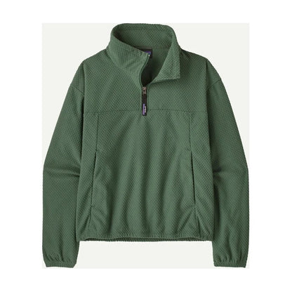 A front view of the Patagonia Womens Textured Fleece Pullover in Canopy Green showing the half-zip and front pockets against a light background.