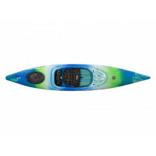 A top-down view of the Perception Joyride 12.0 kayak in Dapper color with a black seat and a white background.