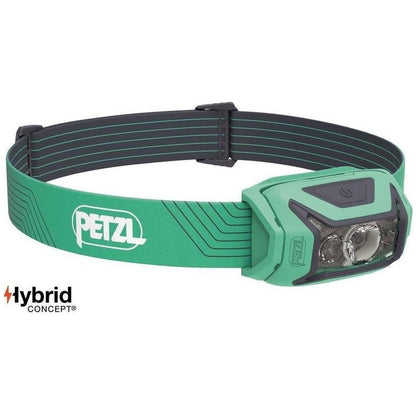 A front view of the Petzl Actik Green headlamp with the brand name visible on the strap, set against a white background.
