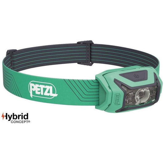 A front view of the Petzl Actik Green headlamp with the brand name visible on the strap, set against a white background.