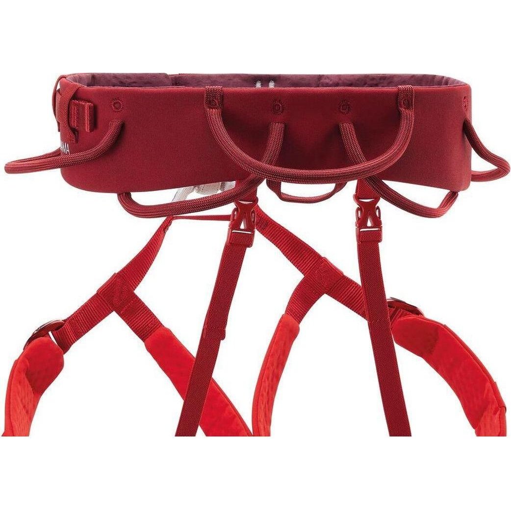 Top view of the Petzl Adjama dark red climbing harness showing the waist belt and leg loops against a white background.