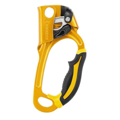 Side view of the Petzl Ascension Right yellow climbing ascender with a black and yellow grip against a white background.