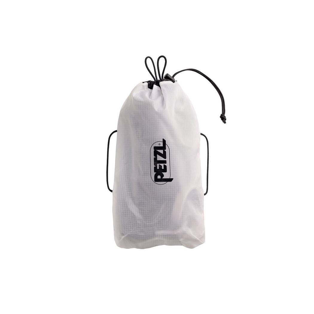 A front view of the Petzl Corax men's climbing harness in dark gray with a drawstring closure and black straps against a white background.