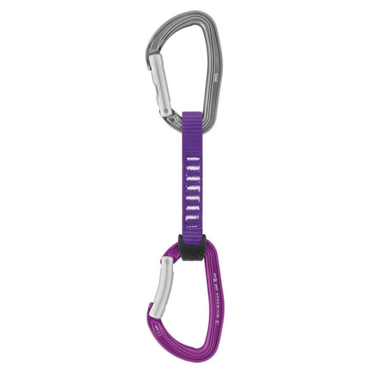 A front view of the Petzl Djinn Axess Quickdraw - 11cm in Purple showing the carabiners and webbing against a white background.