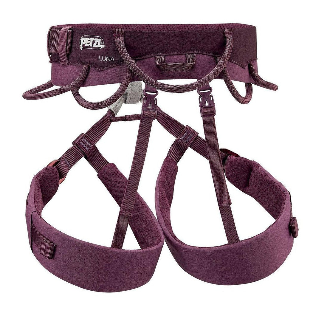 Side view of the Petzl Luna women's climbing harness in Violet showing the waist belt and leg loops against a white background.