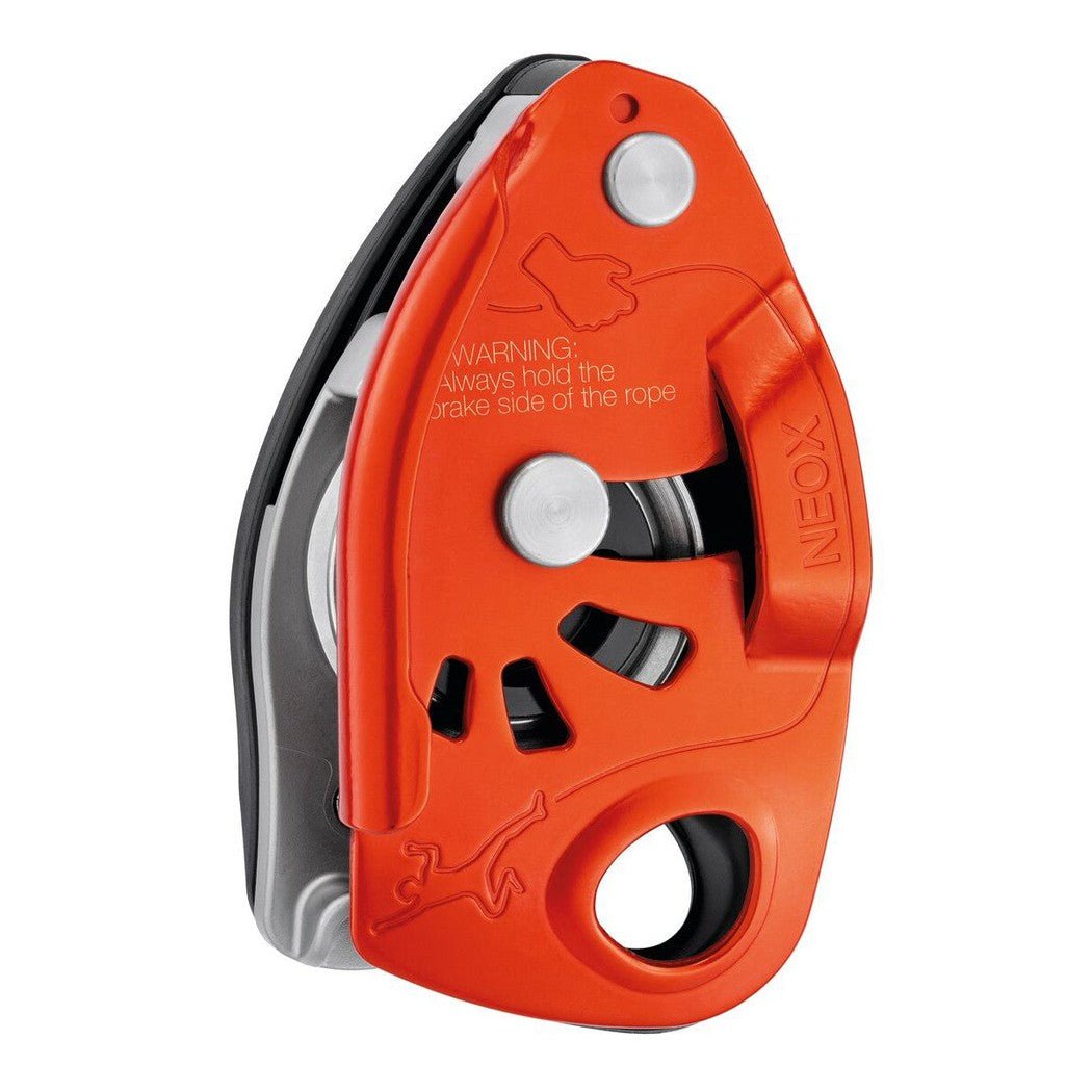 Side view of the Petzl Neox belay device in Black showing the brake side warning text and a white background.