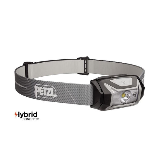 A front view of the Petzl Tikka Core headlamp in black on a white background.