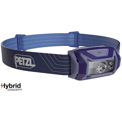 A front view of the Petzl Tikka headlamp in Blue on a white background.
