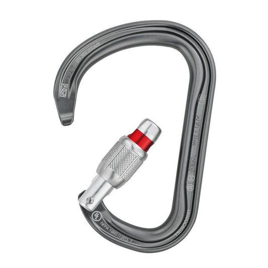 A charcoal Petzl William H-frame Screw-Lock carabiner with a silver screw-lock mechanism and red accent, shown from a top-down angle against a white background.