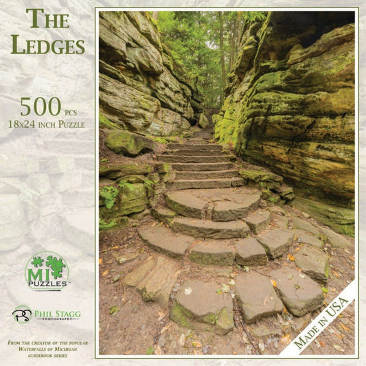 The Ledges 500 piece puzzle by Phil Stagg Photography shows a stone staircase in a rocky, forested gorge.