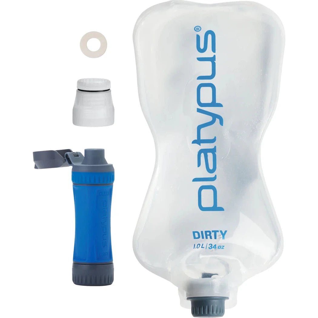 A side view of the Platypus 1L Quickdraw hydration system with a blue filter and clear bag against a white background.