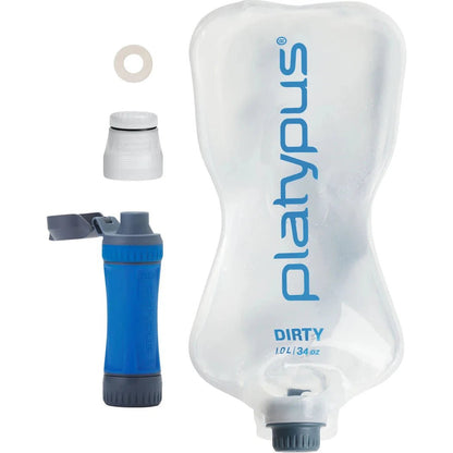 A side view of the Platypus 1L Quickdraw hydration system with a blue filter and clear bag against a white background.