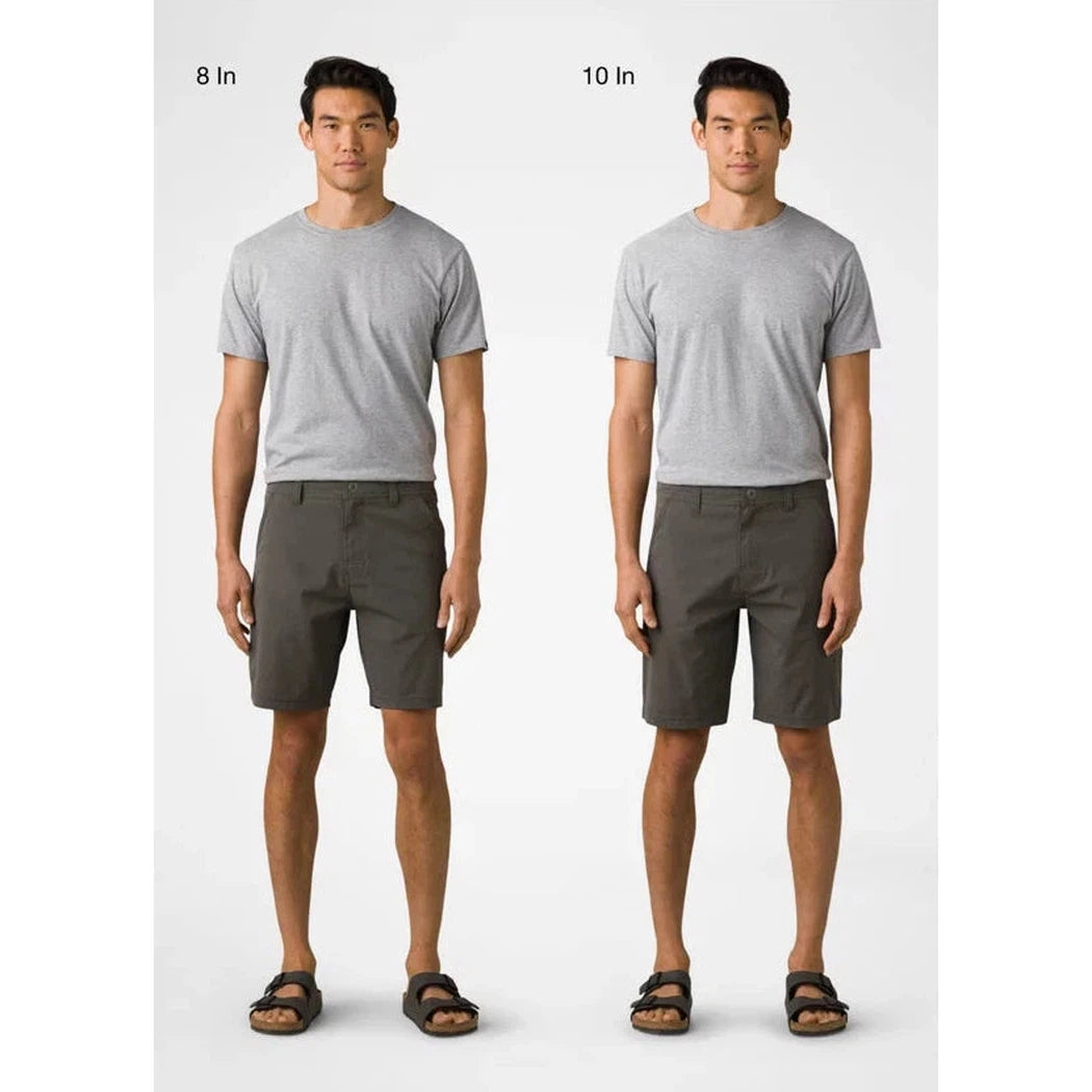 Two models wear Prana Hybridizer Shorts in Iron color, showing 8 in and 10 in lengths against a white background.