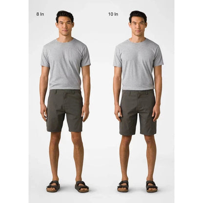 Two models wear Prana Hybridizer Shorts in Iron color, showing 8 in and 10 in lengths against a white background.