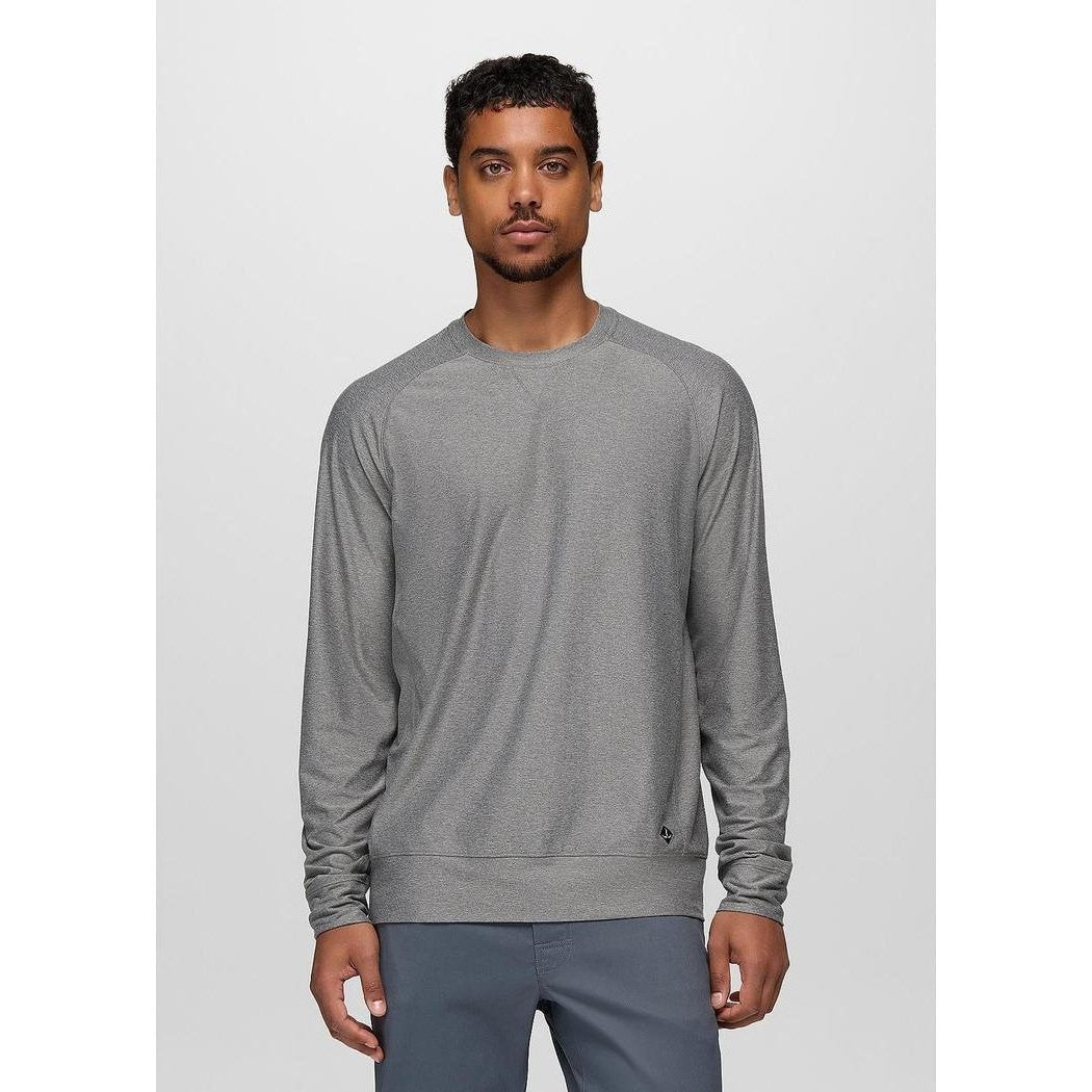 A front view of the Prana Men's Altitude Tracker LT Crew in Medium Heather Grey on a model against a plain background.