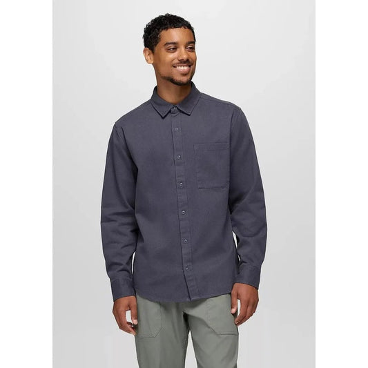 A front view of the Prana Men's Arbored Long Sleeve Shirt in Thundercloud on a model against a plain background.