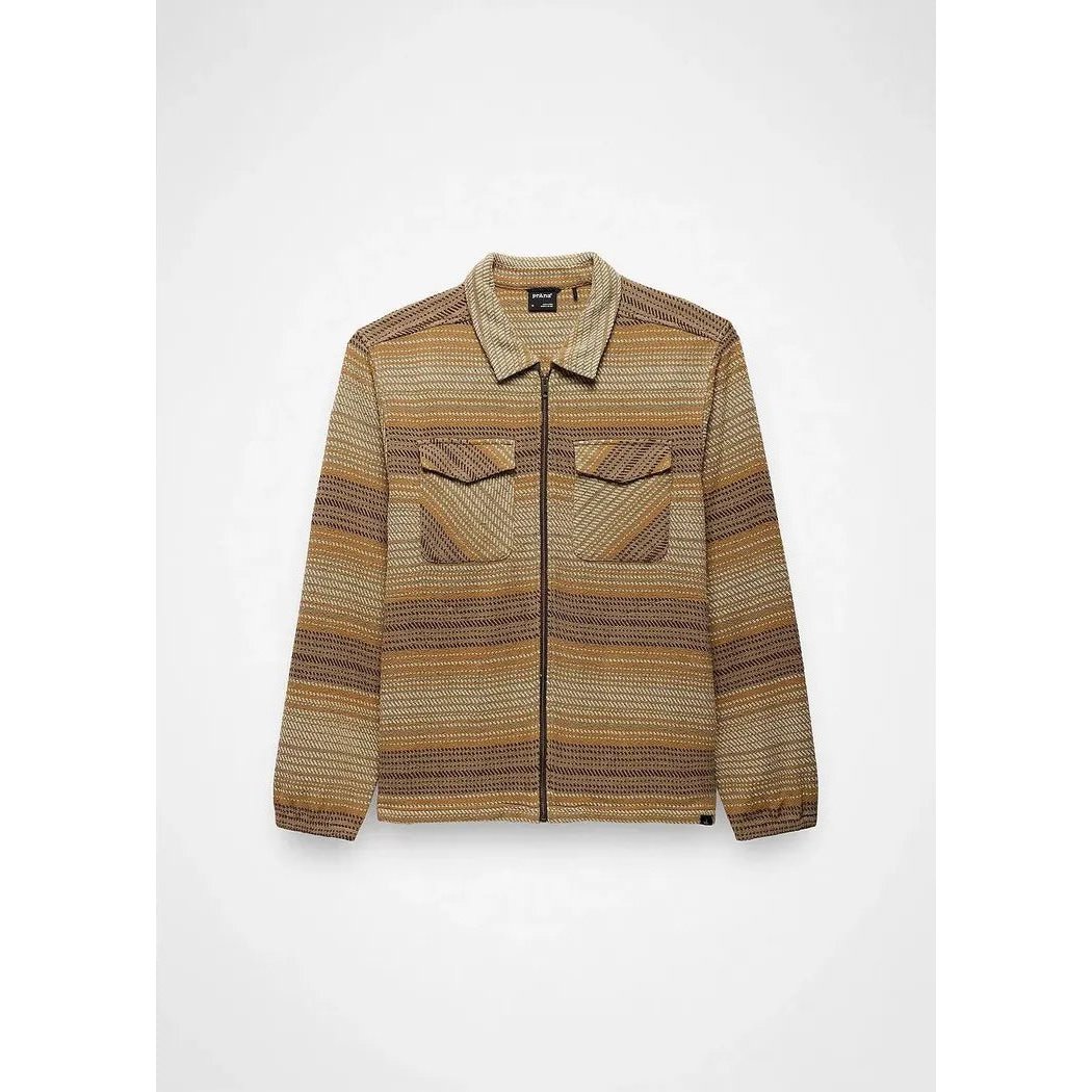 A front view of the Prana Men's Heritage Zip Flannel in Dark Roast with two chest pockets and a zip closure against a white background.