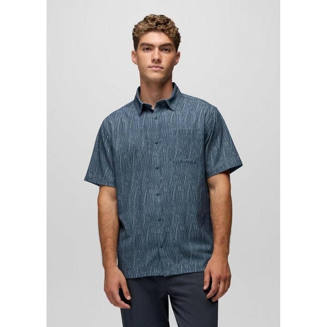 A front view of the Prana Men's Hybridizer SS Shirt in Bluff Blue Seashell on a model against a plain background.