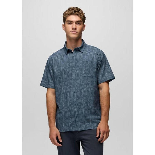 A front view of the Prana Men's Hybridizer SS Shirt in Bluff Blue Seashell on a model against a plain background.