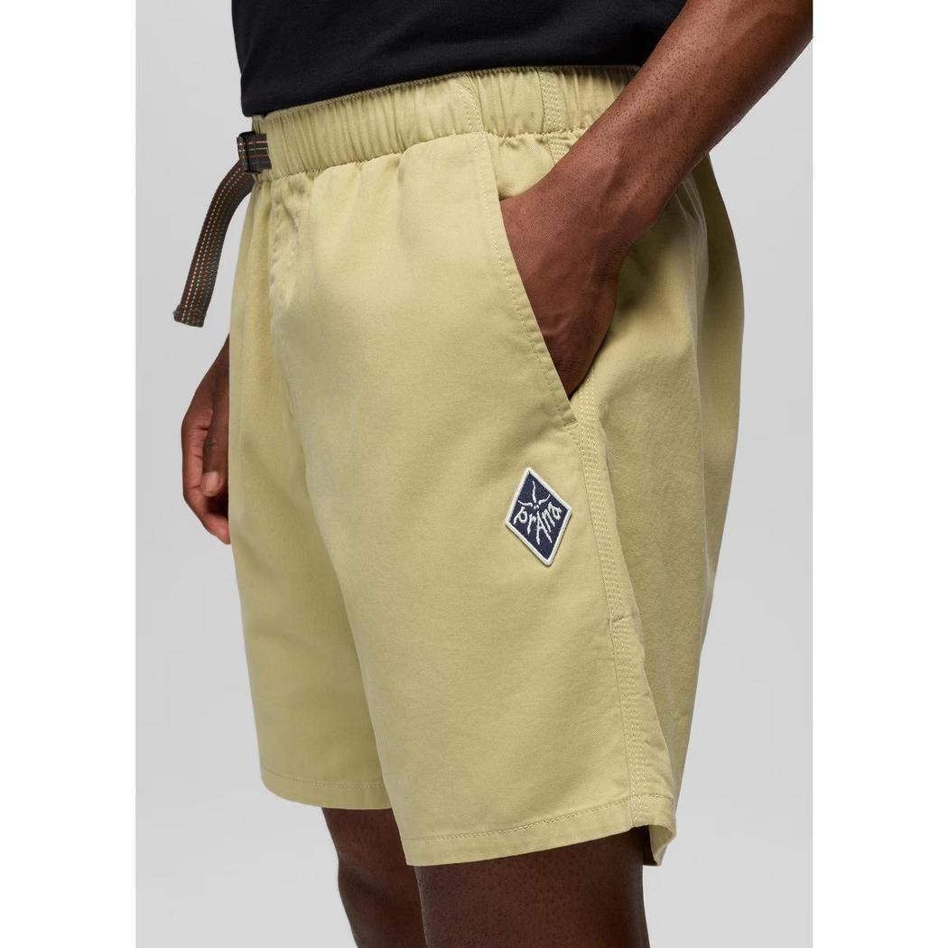 Side view of the Prana Sample - Men's Durado Short in Jackfruit showing the elastic waistband and pocket with a model wearing it against a plain background.